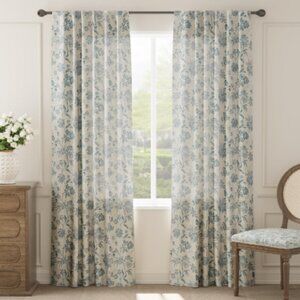 JINCHAN Linen Floral Curtains 50 x 84 Curtain Pair Beige Blue French Country NEW